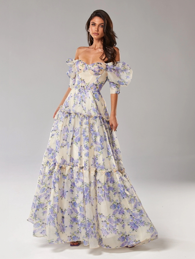 floral voluminous sheer sleeves and flowing silhouette,