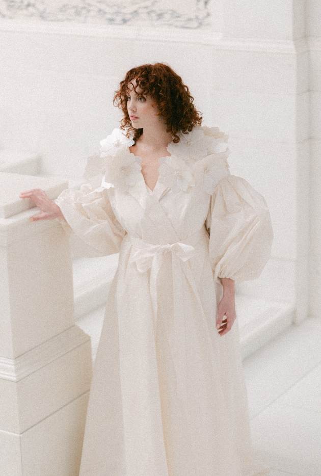 Model in bridgerton style wedding dress